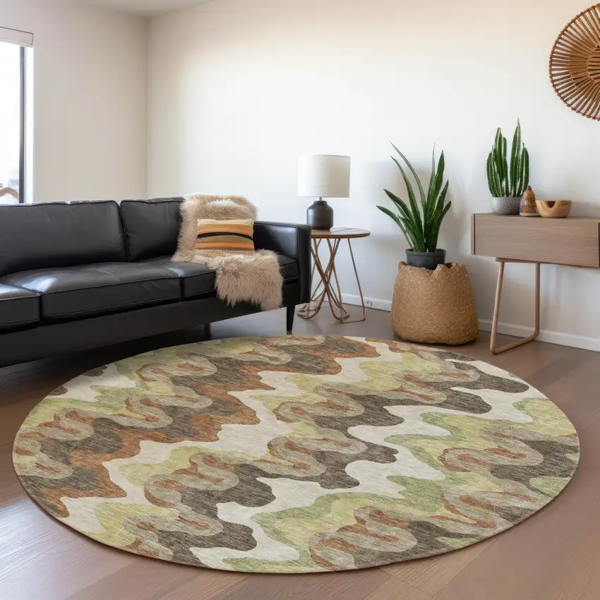 8' Chocolate Copper And Artichoke Green Round Abstract Washable Indoor Outdoor Area Rug Photo 7