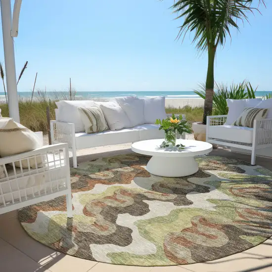 8' Chocolate Copper And Artichoke Green Round Abstract Washable Indoor Outdoor Area Rug Photo 6