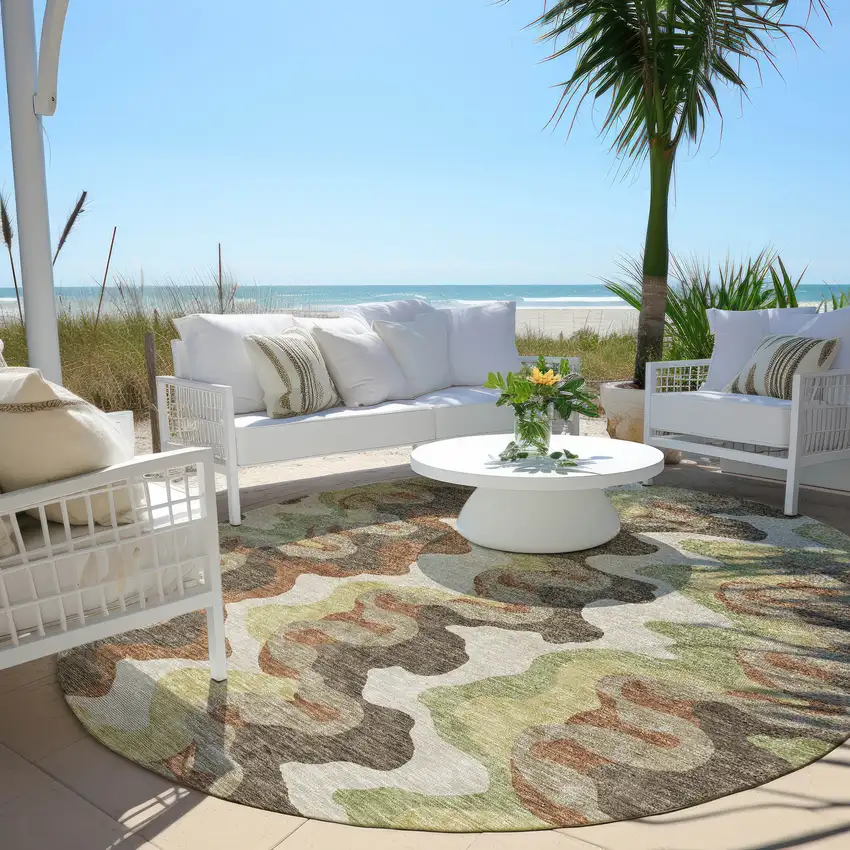 8' Chocolate Copper And Artichoke Green Round Abstract Washable Indoor Outdoor Area Rug Photo 6
