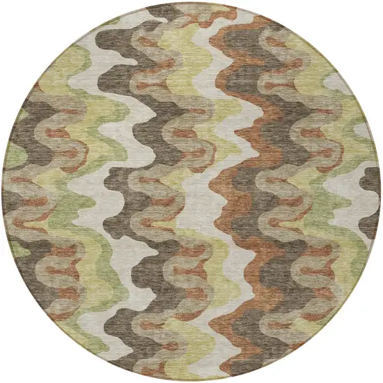 8' Chocolate Copper And Artichoke Green Round Abstract Washable Indoor Outdoor Area Rug Photo 5