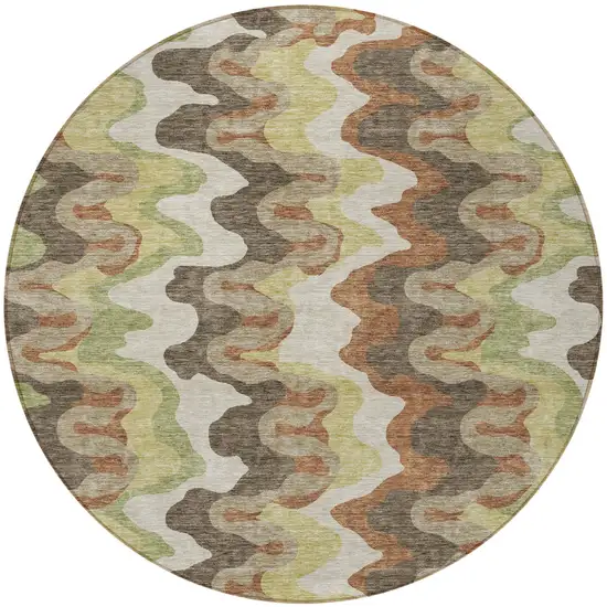 8' Chocolate Copper And Artichoke Green Round Abstract Washable Indoor Outdoor Area Rug Photo 5