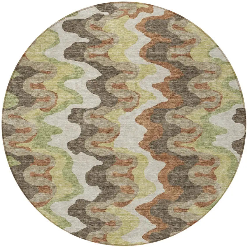 8' Chocolate Copper And Artichoke Green Round Abstract Washable Indoor Outdoor Area Rug Photo 5