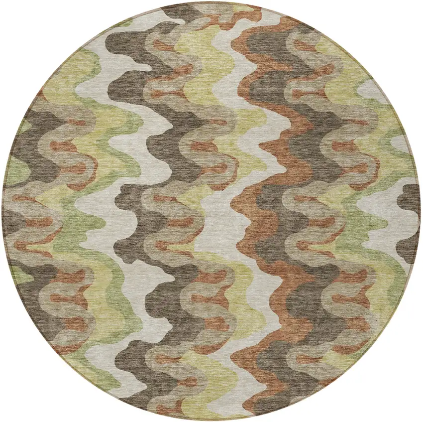 8' Chocolate Copper And Artichoke Green Round Abstract Washable Indoor Outdoor Area Rug Photo 5