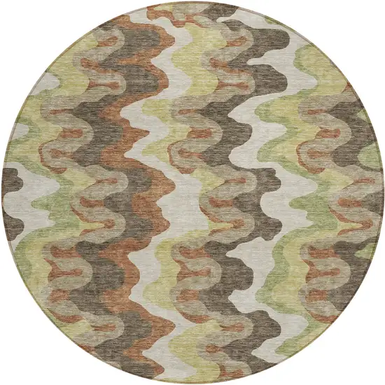 8' Chocolate Copper And Artichoke Green Round Abstract Washable Indoor Outdoor Area Rug Photo 1