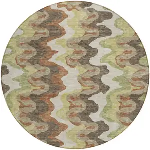 Photo of 8' Chocolate Copper And Artichoke Green Round Abstract Washable Indoor Outdoor Area Rug