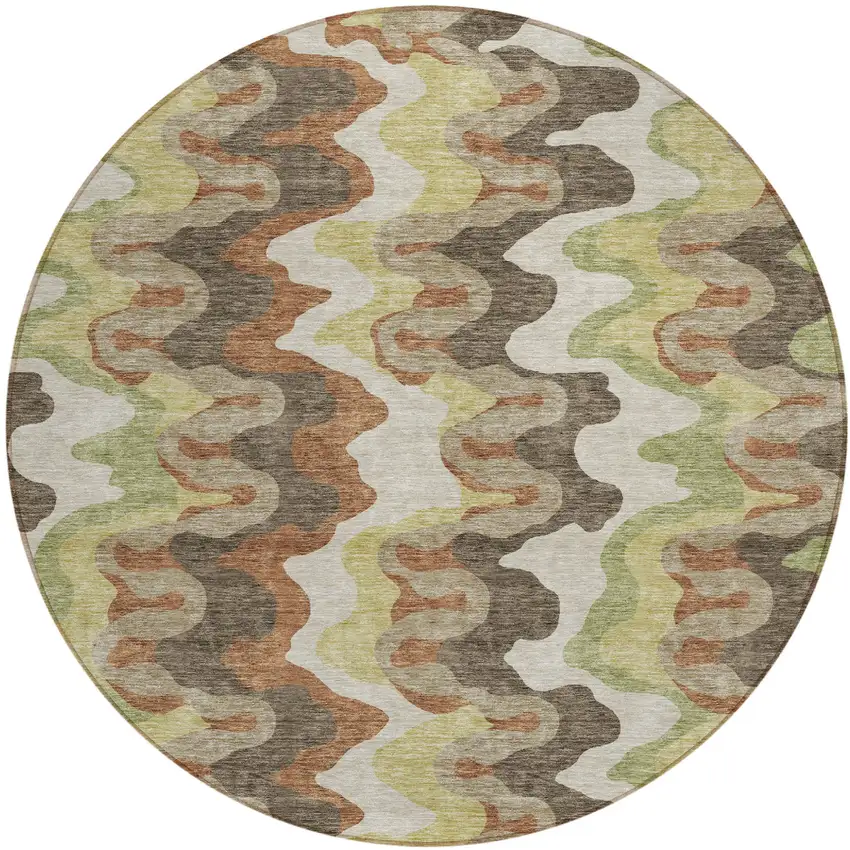 8' Chocolate Copper And Artichoke Green Round Abstract Washable Indoor Outdoor Area Rug Photo 1