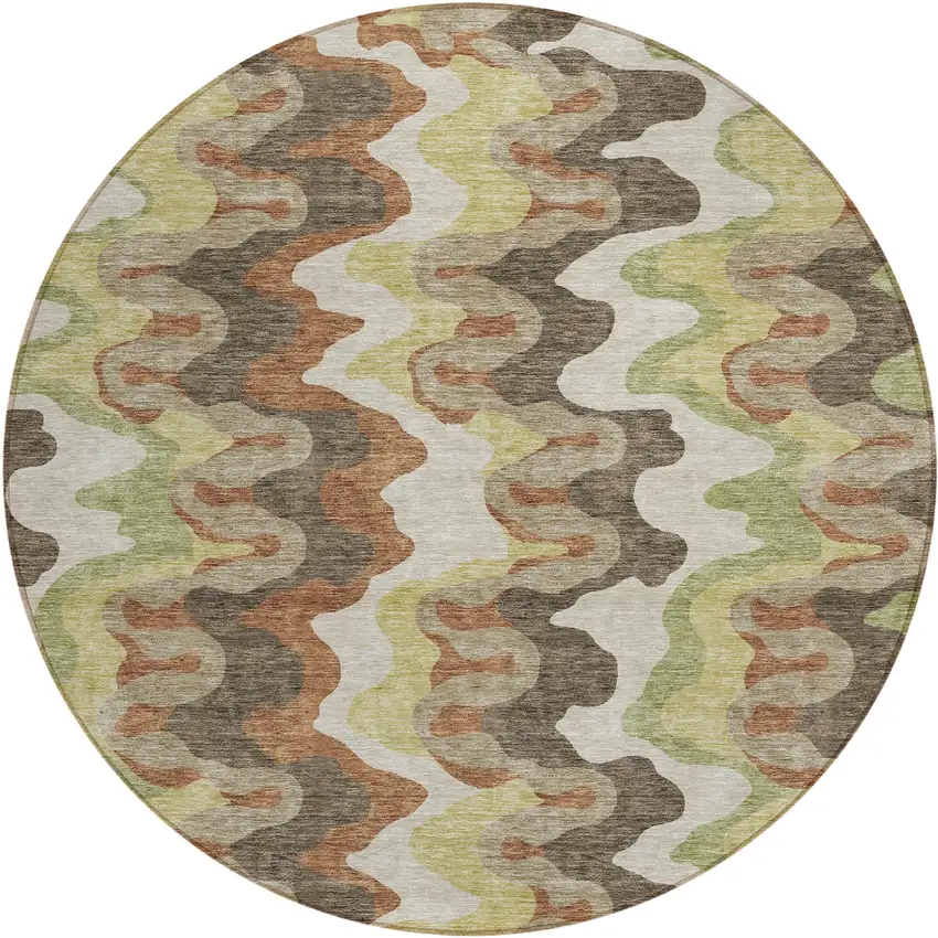 8' Chocolate Copper And Artichoke Green Round Abstract Washable Indoor Outdoor Area Rug Photo 1
