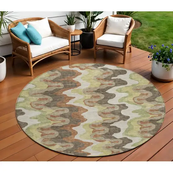 8' Chocolate Copper And Artichoke Green Round Abstract Washable Indoor Outdoor Area Rug Photo 1