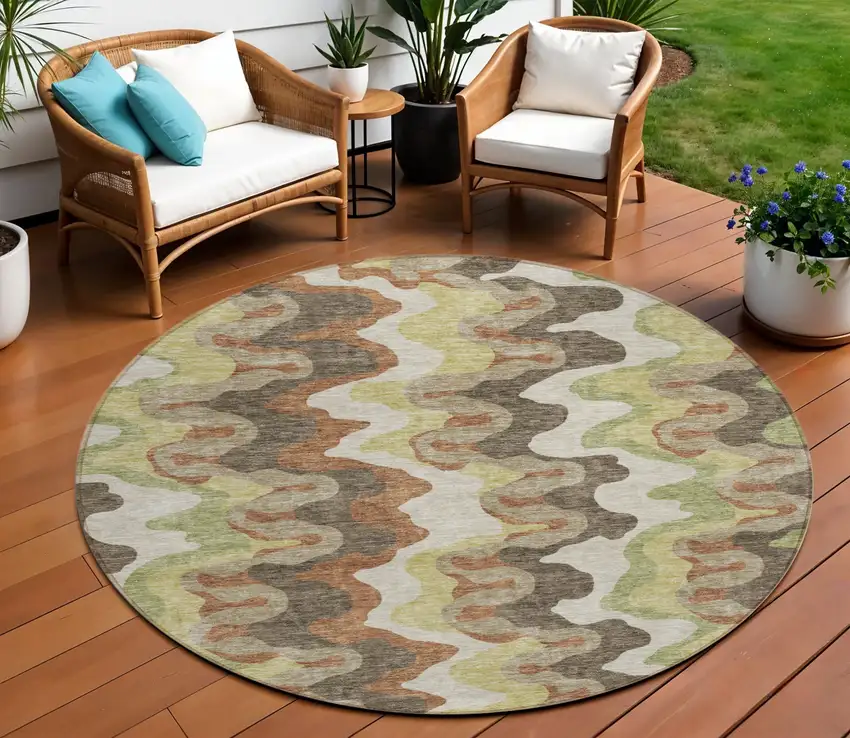 8' Chocolate Copper And Artichoke Green Round Abstract Washable Indoor Outdoor Area Rug Photo 1