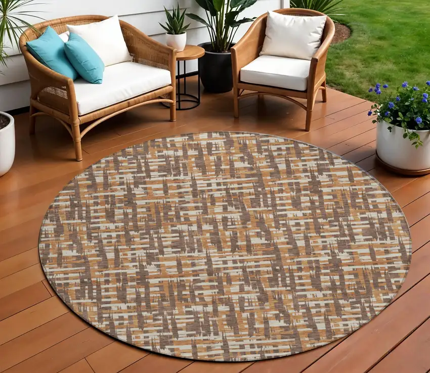 8' Chocolate Copper And Beige Round Abstract Washable Indoor Outdoor Area Rug Photo 1