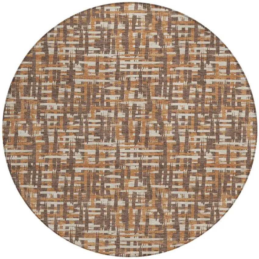 8' Chocolate Copper And Beige Round Abstract Washable Indoor Outdoor Area Rug Photo 6