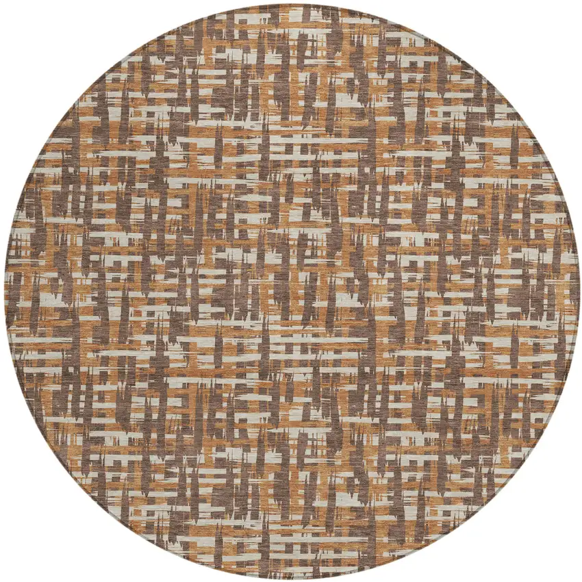 8' Chocolate Copper And Beige Round Abstract Washable Indoor Outdoor Area Rug Photo 2