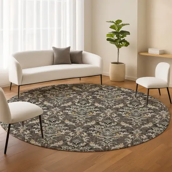 8' Chocolate Copper And Black Round Damask Washable Indoor Outdoor Area Rug Photo 9