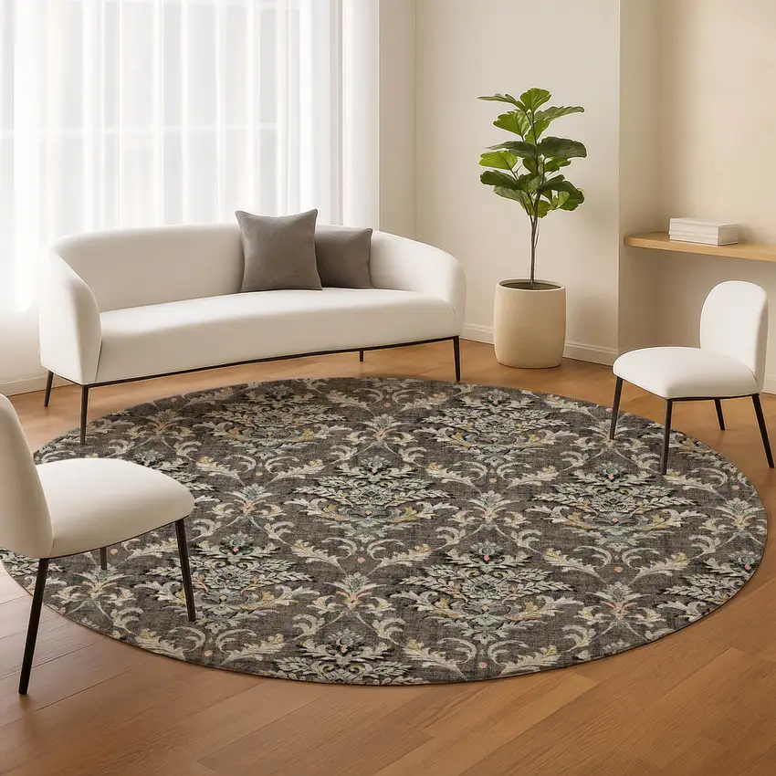 8' Chocolate Copper And Black Round Damask Washable Indoor Outdoor Area Rug Photo 9