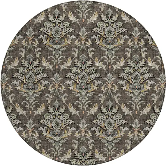 8' Chocolate Copper And Black Round Damask Washable Indoor Outdoor Area Rug Photo 2