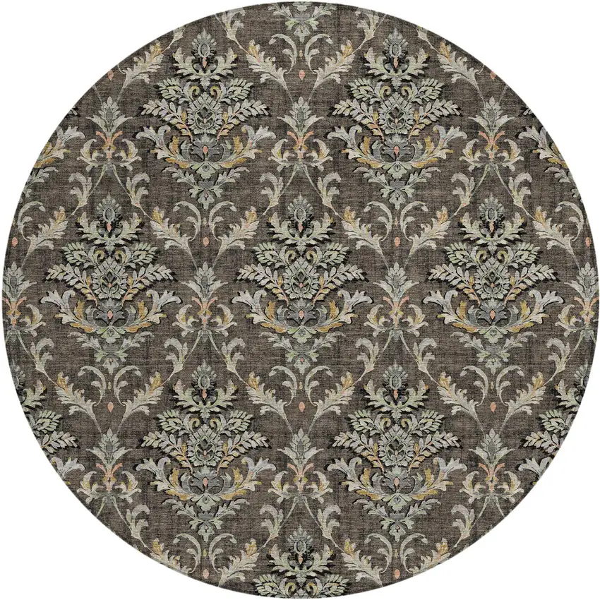 8' Chocolate Copper And Black Round Damask Washable Indoor Outdoor Area Rug Photo 2