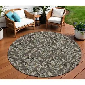 Photo of 8' Chocolate Copper And Black Round Damask Washable Indoor Outdoor Area Rug