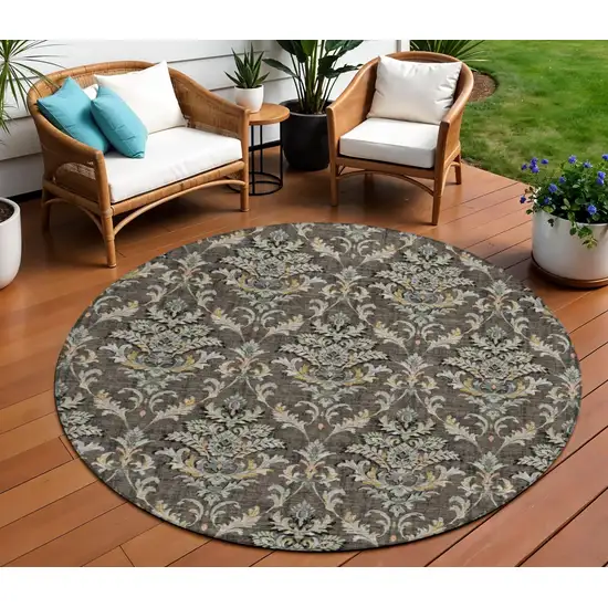 8' Chocolate Copper And Black Round Damask Washable Indoor Outdoor Area Rug Photo 1