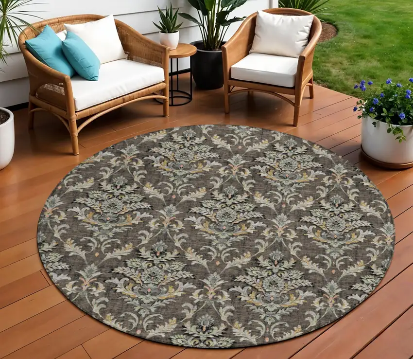 8' Chocolate Copper And Black Round Damask Washable Indoor Outdoor Area Rug Photo 1