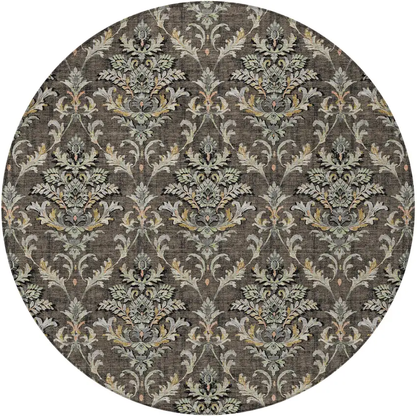 8' Chocolate Copper And Black Round Damask Washable Indoor Outdoor Area Rug Photo 4