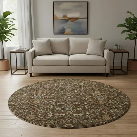 8' Chocolate Copper And Blue Oriental Washable Round Rug With UV Protection Photo 2