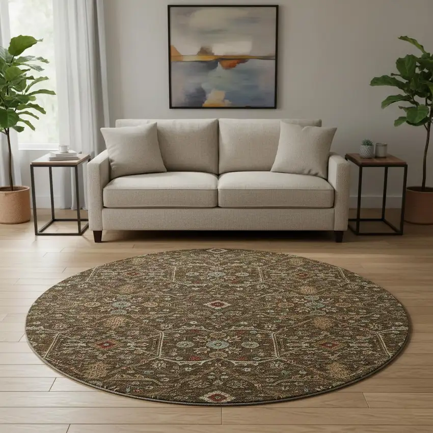 8' Chocolate Copper And Blue Oriental Washable Round Rug With UV Protection Photo 2