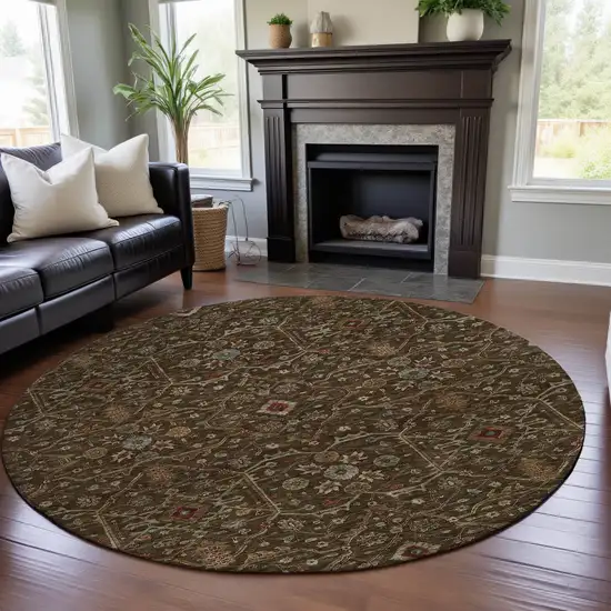 8' Chocolate Copper And Blue Oriental Washable Round Rug With UV Protection Photo 4
