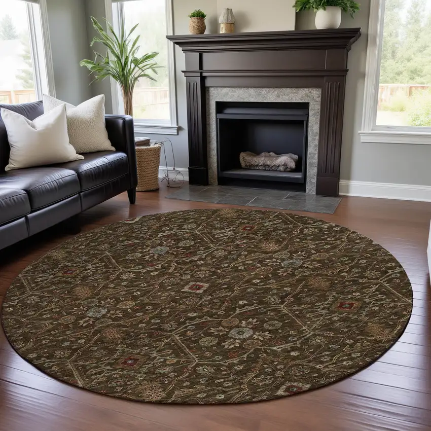 8' Chocolate Copper And Blue Oriental Washable Round Rug With UV Protection Photo 4