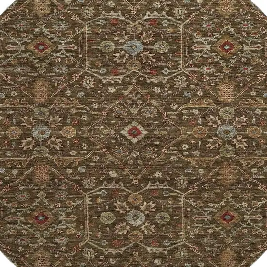 8' Chocolate Copper And Blue Oriental Washable Round Rug With UV Protection Photo 2