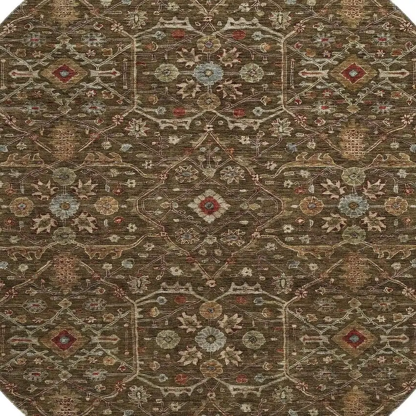 8' Chocolate Copper And Blue Oriental Washable Round Rug With UV Protection Photo 2