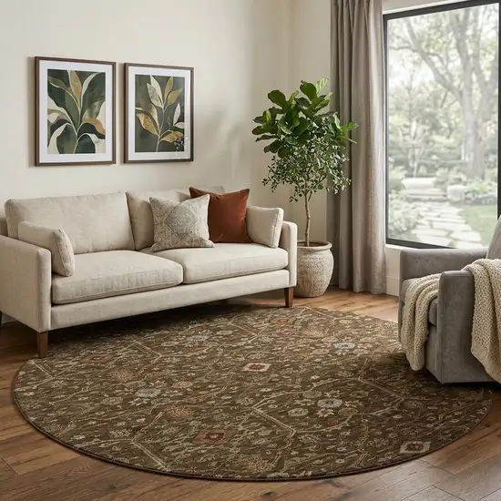 8' Chocolate Copper And Blue Oriental Washable Round Rug With UV Protection Photo 1