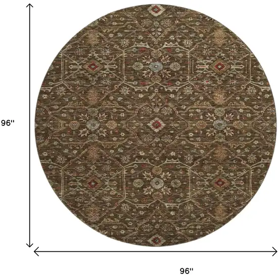 8' Chocolate Copper And Blue Oriental Washable Round Rug With UV Protection Photo 9