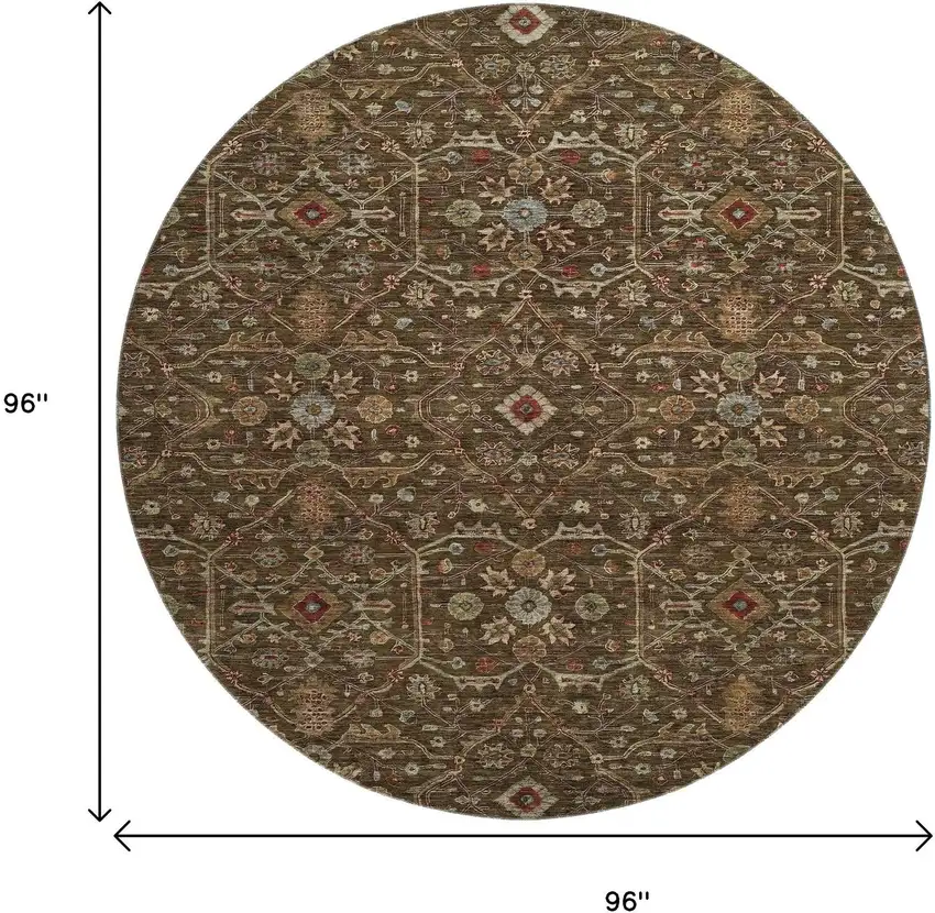 8' Chocolate Copper And Blue Oriental Washable Round Rug With UV Protection Photo 9