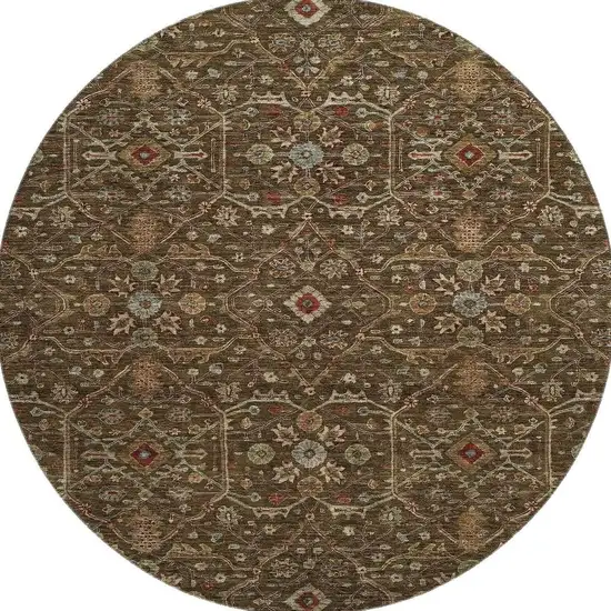 8' Chocolate Copper And Blue Oriental Washable Round Rug With UV Protection Photo 3