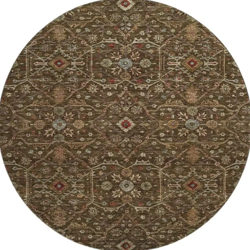 8' Chocolate Copper And Blue Oriental Washable Round Rug With UV Protection Photo 3