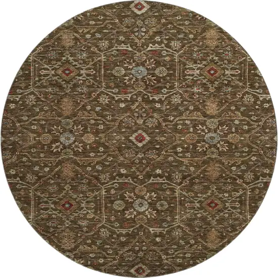8' Chocolate Copper And Blue Oriental Washable Round Rug With UV Protection Photo 1