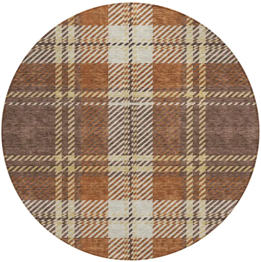 8' Chocolate Copper And Gold Round Plaid Washable Indoor Outdoor Area Rug Photo 2