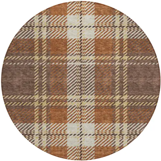 8' Chocolate Copper And Gold Round Plaid Washable Indoor Outdoor Area Rug Photo 2