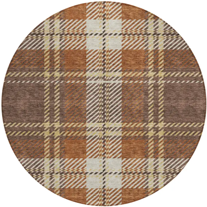 8' Chocolate Copper And Gold Round Plaid Washable Indoor Outdoor Area Rug Photo 2