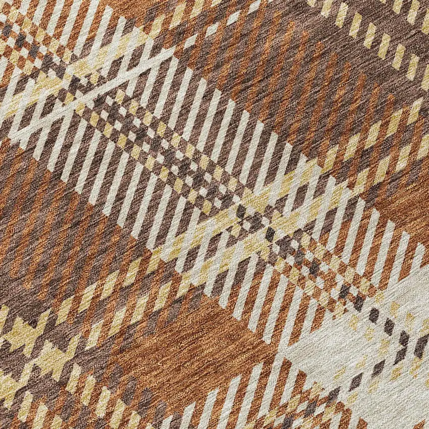 8' Chocolate Copper And Gold Round Plaid Washable Indoor Outdoor Area Rug Photo 3