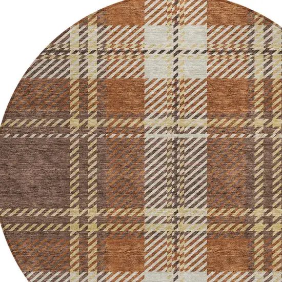 8' Chocolate Copper And Gold Round Plaid Washable Indoor Outdoor Area Rug Photo 5
