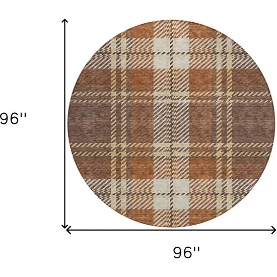 8' Chocolate Copper And Gold Round Plaid Washable Indoor Outdoor Area Rug Photo 6