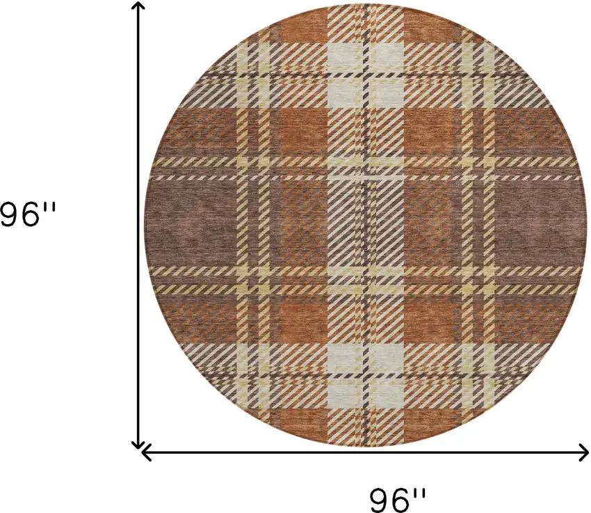 8' Chocolate Copper And Gold Round Plaid Washable Indoor Outdoor Area Rug Photo 6