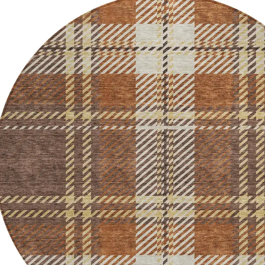 8' Chocolate Copper And Gold Round Plaid Washable Indoor Outdoor Area Rug Photo 4