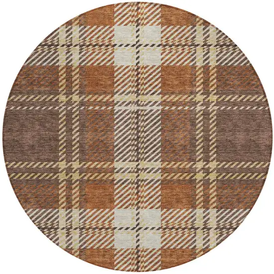 8' Chocolate Copper And Gold Round Plaid Washable Indoor Outdoor Area Rug Photo 5