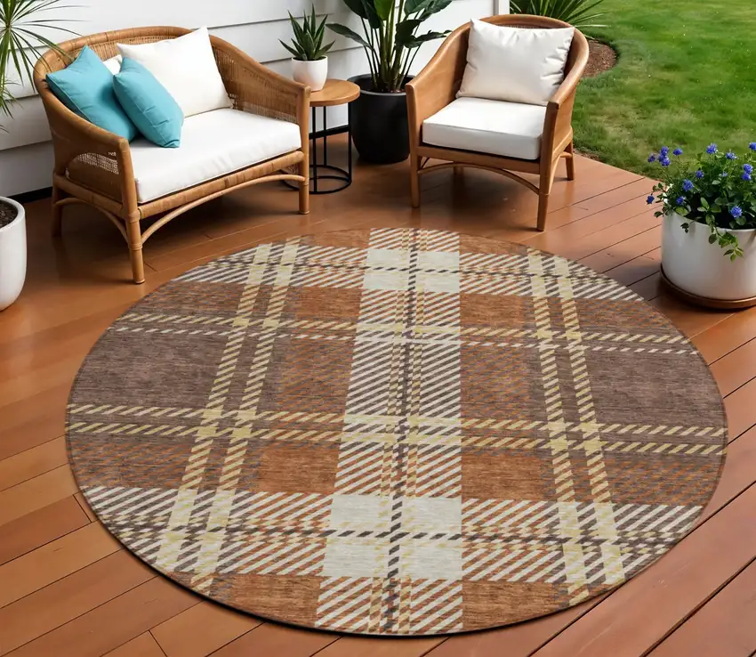 8' Chocolate Copper And Gold Round Plaid Washable Indoor Outdoor Area Rug Photo 1