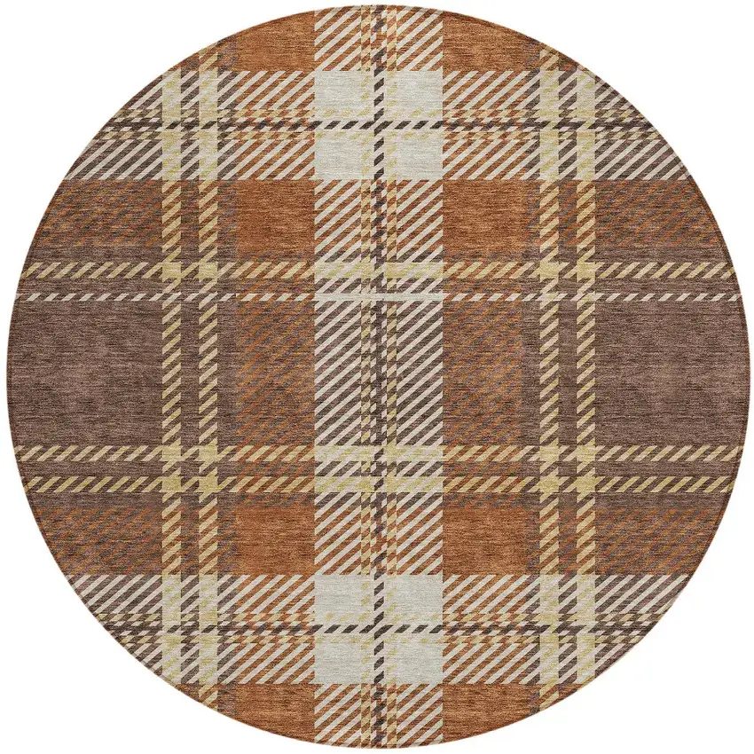 8' Chocolate Copper And Gold Round Plaid Washable Indoor Outdoor Area Rug Photo 6