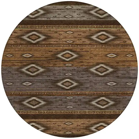 8' Chocolate Copper And Gray Round Tribal Washable Indoor Outdoor Area Rug Photo 3