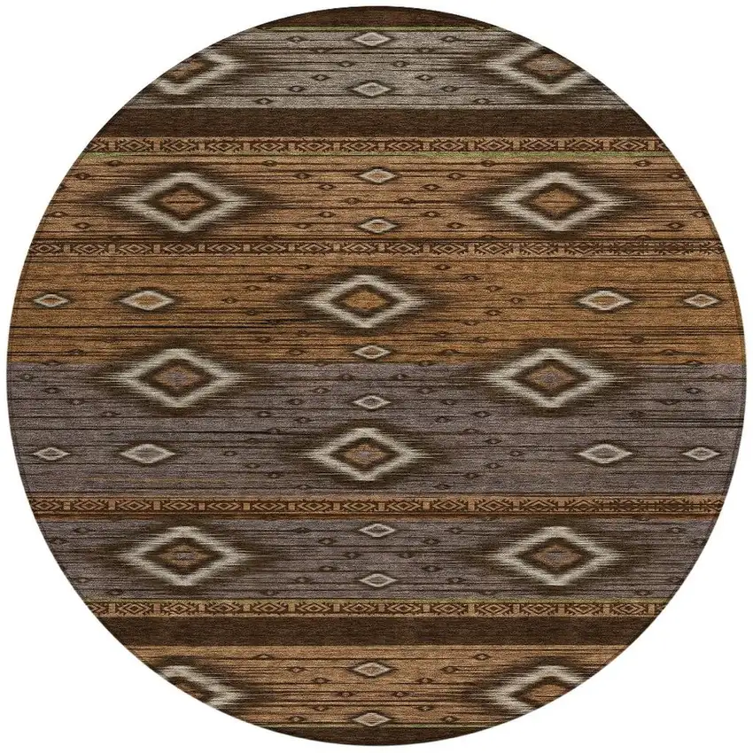 8' Chocolate Copper And Gray Round Tribal Washable Indoor Outdoor Area Rug Photo 3