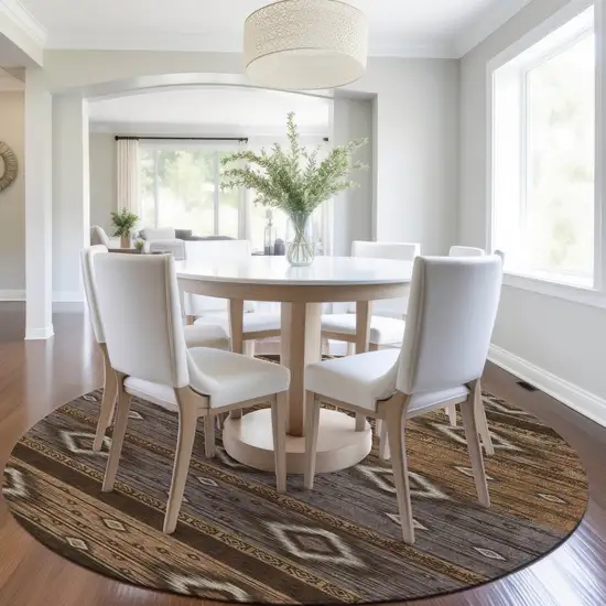 8' Chocolate Copper And Gray Round Tribal Washable Indoor Outdoor Area Rug Photo 7